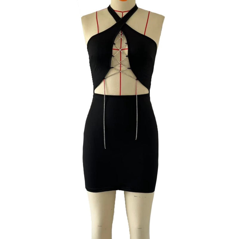Women Halter Neck Bodycon Sexy Diamond Chain Lace-Up Dress 9
