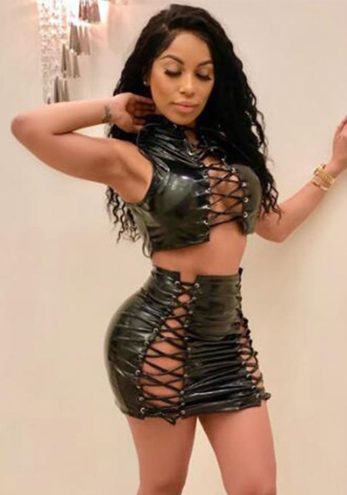 Women Sexy Lace-Up Cutout PU-Leather Top and Skirt Two-Piece Set