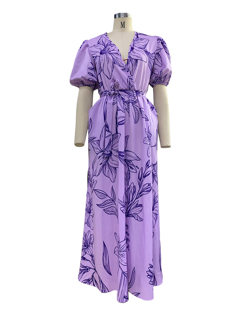 Summer Ladies Fashion V Neck Loose Maxi Print Dress 15