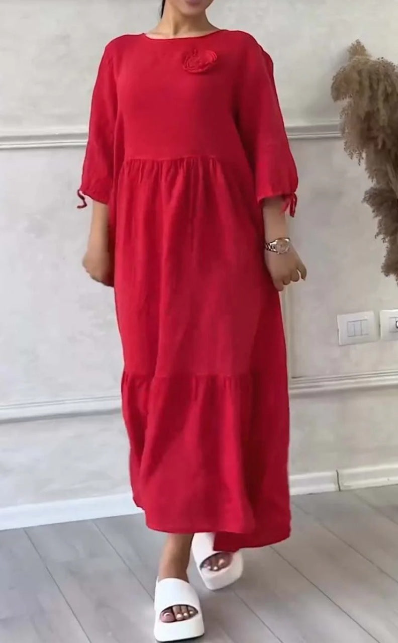 Women's Round Neck Pleated Long Sleeve Drawstring Back Tie Solid Color Casual Loose Dress 18