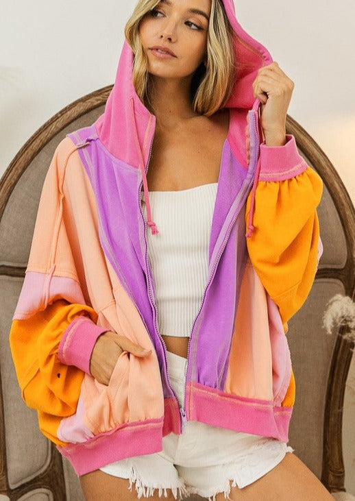 Women Color Block Hooded Oversized Jacket 4