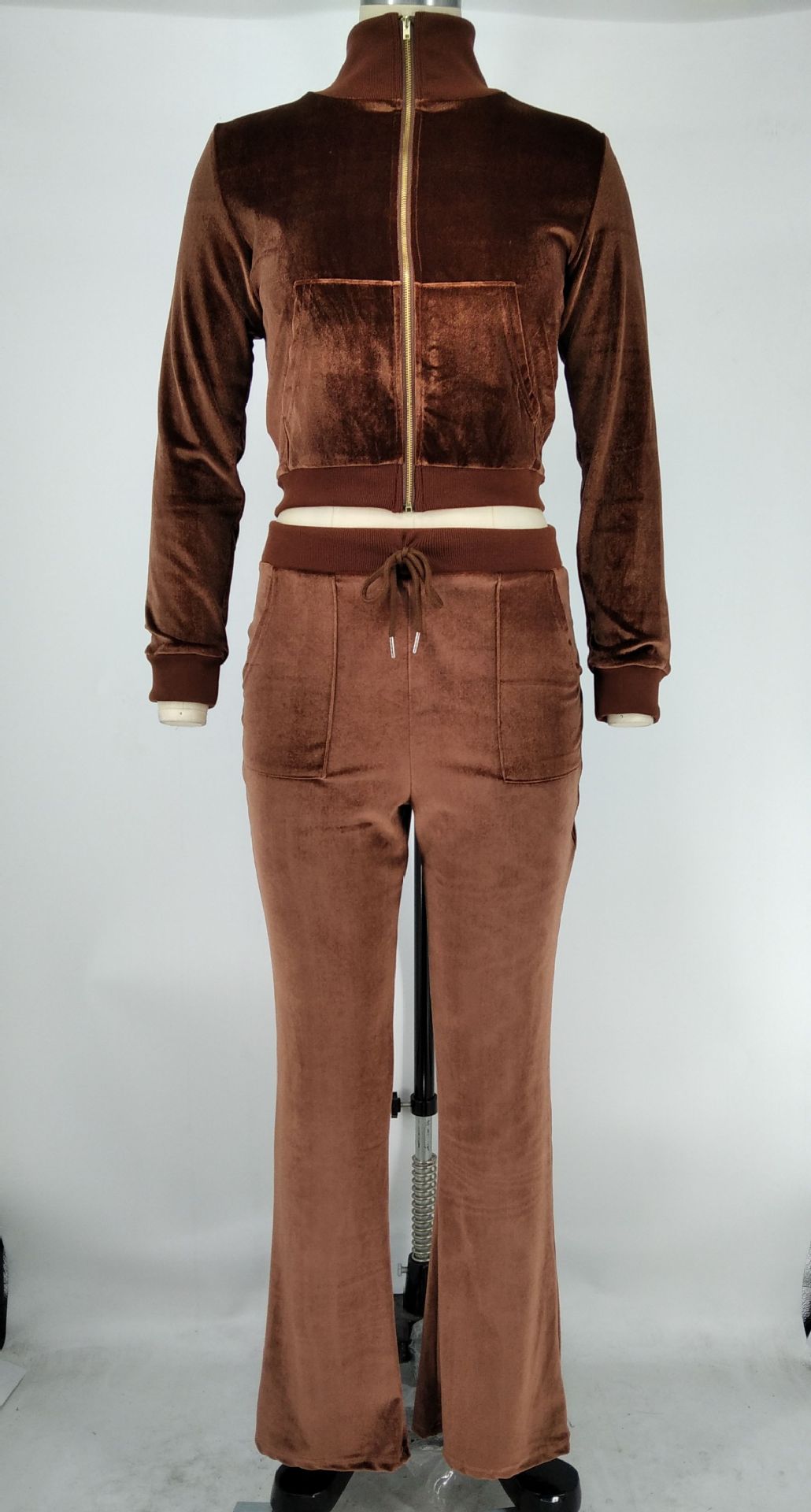 Women's Autumn Winter Velvet Zipper Pocket Two Piece Tracksuit 14