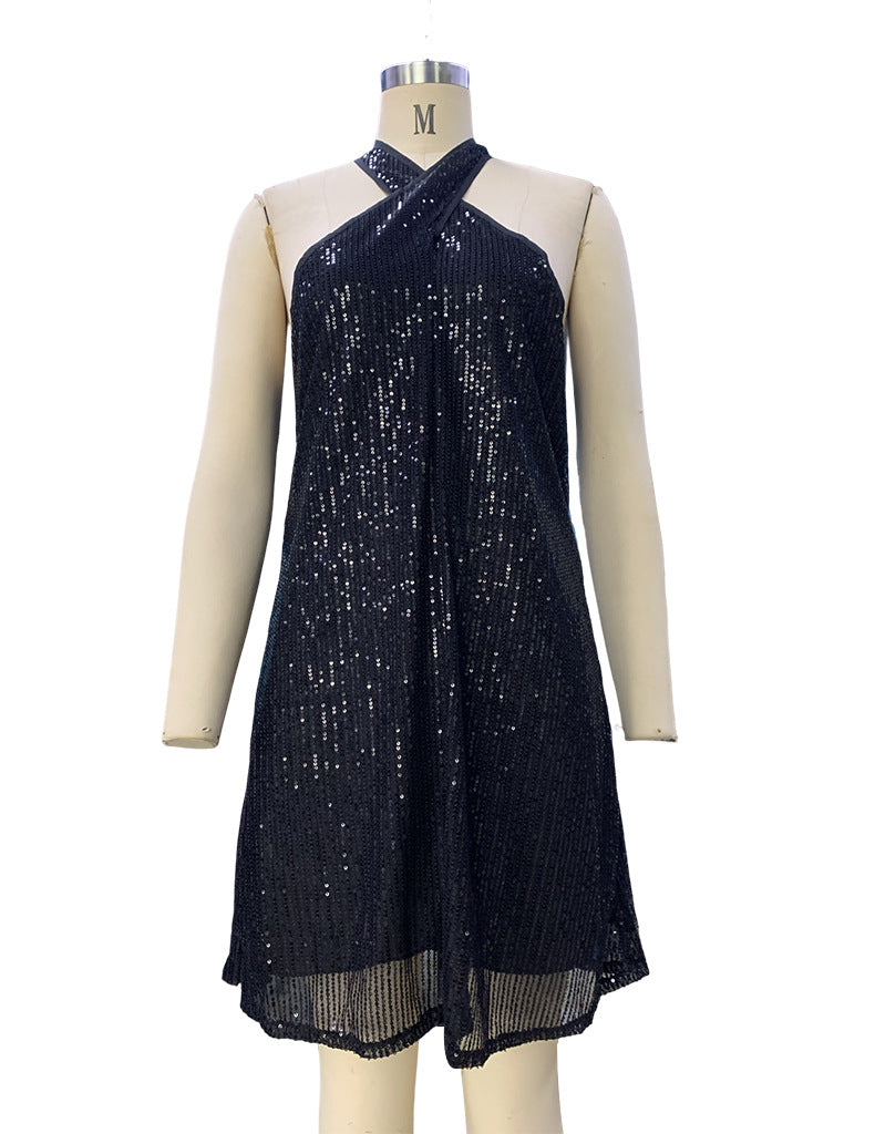 Women Halter Neck Off-Shoulder Sexy Sequin Dress 14