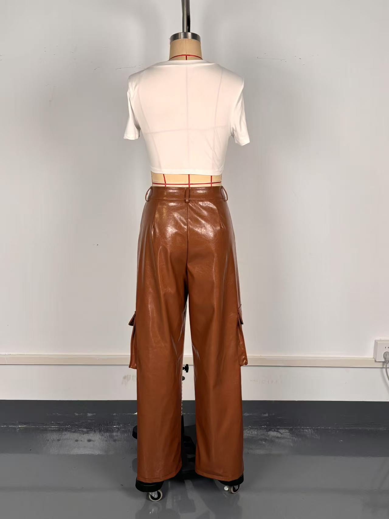 Women Multi-pocket Style PU-Leather Retro Pants 7