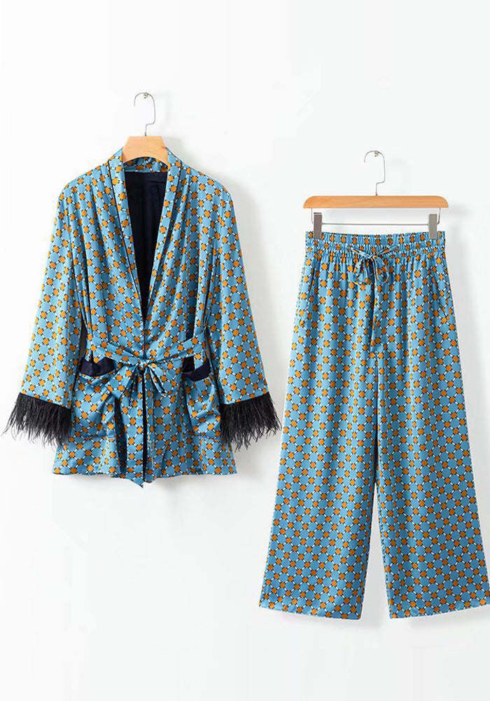 Summer Plume Drape Casual Blazer Print Drape Wide-Leg Pants Set