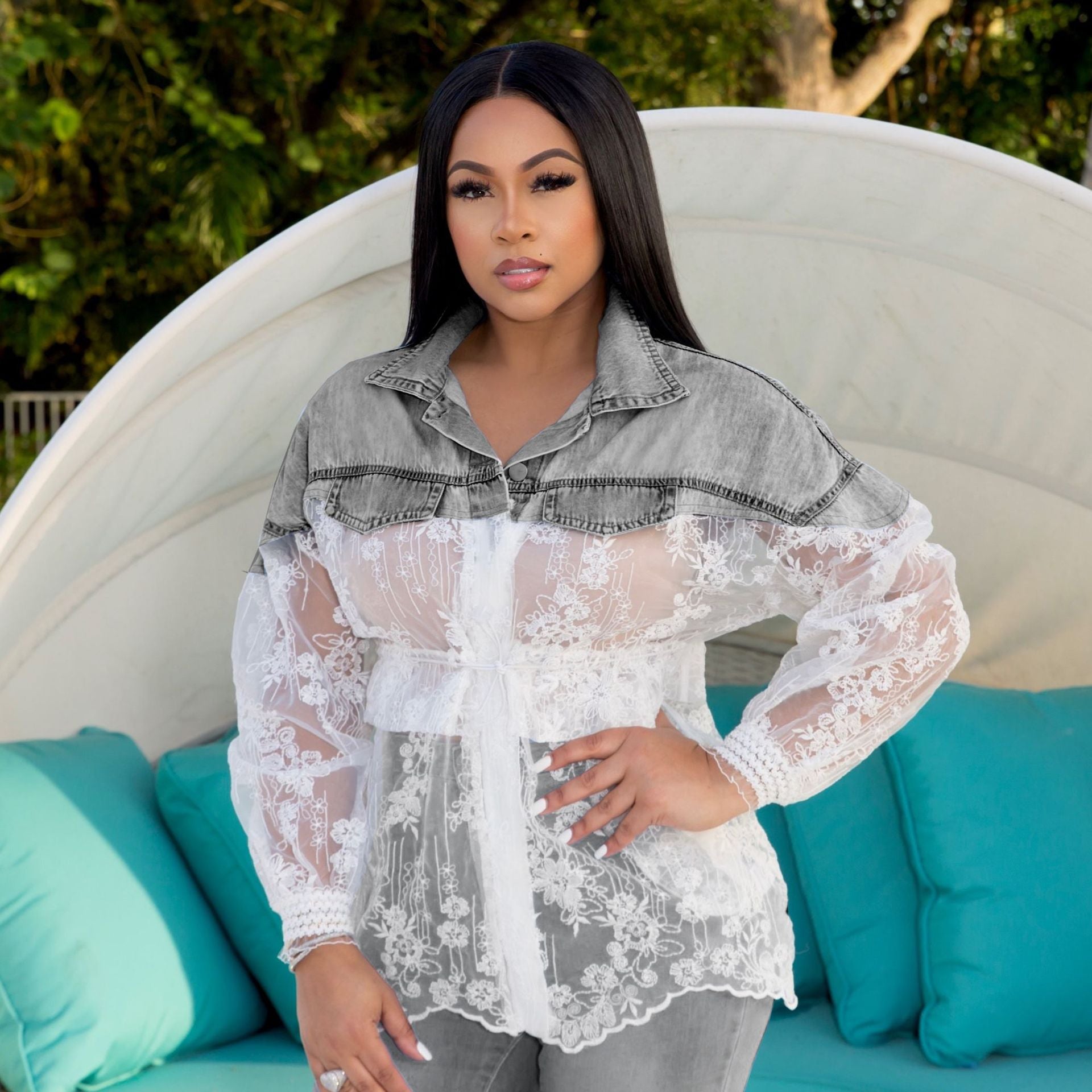 Sexy Ladies Denim Patchwork Embroidered Mesh See-Through Slim Waist Shirt