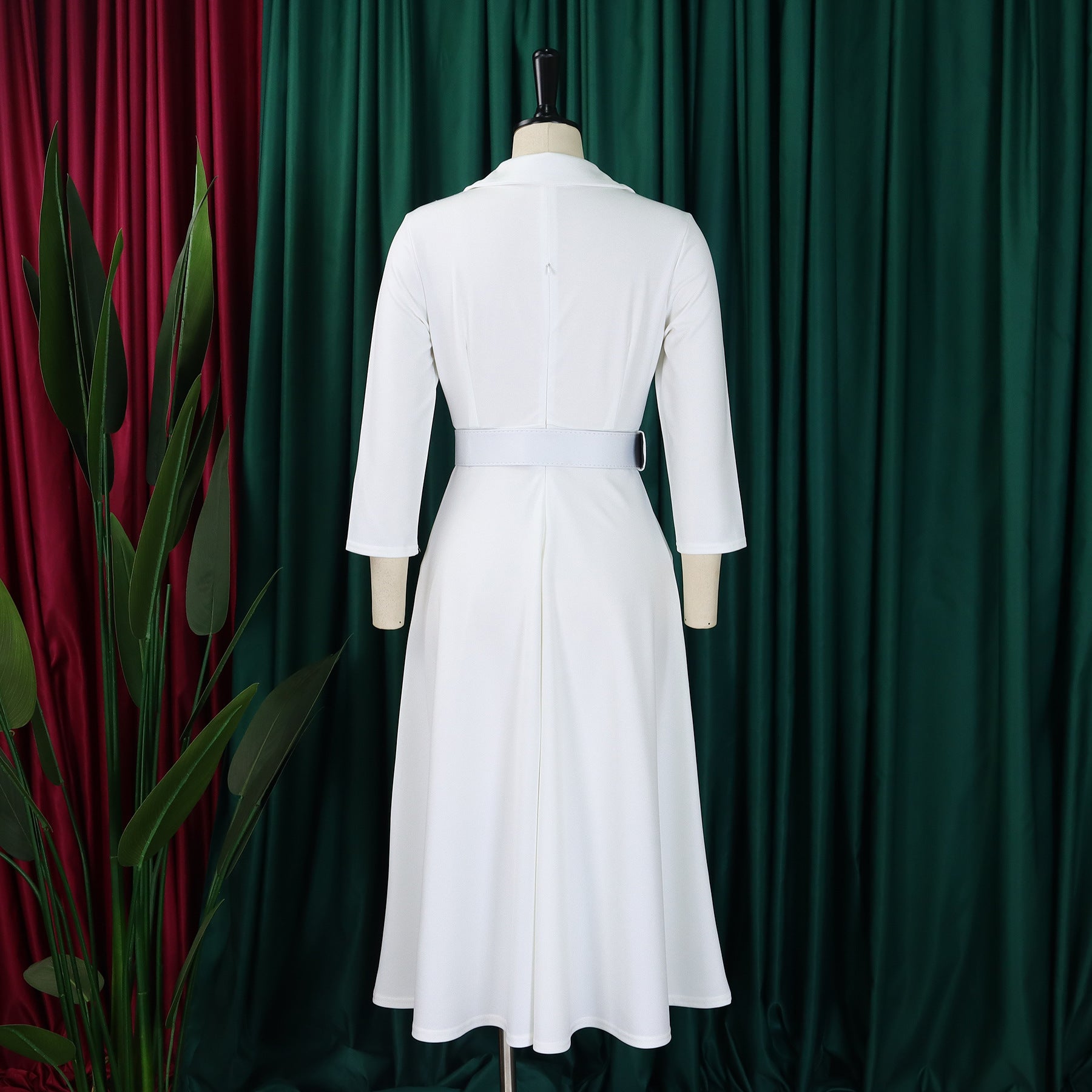 Plus Size Women Autumn Turndown Collar Solid Dress 16