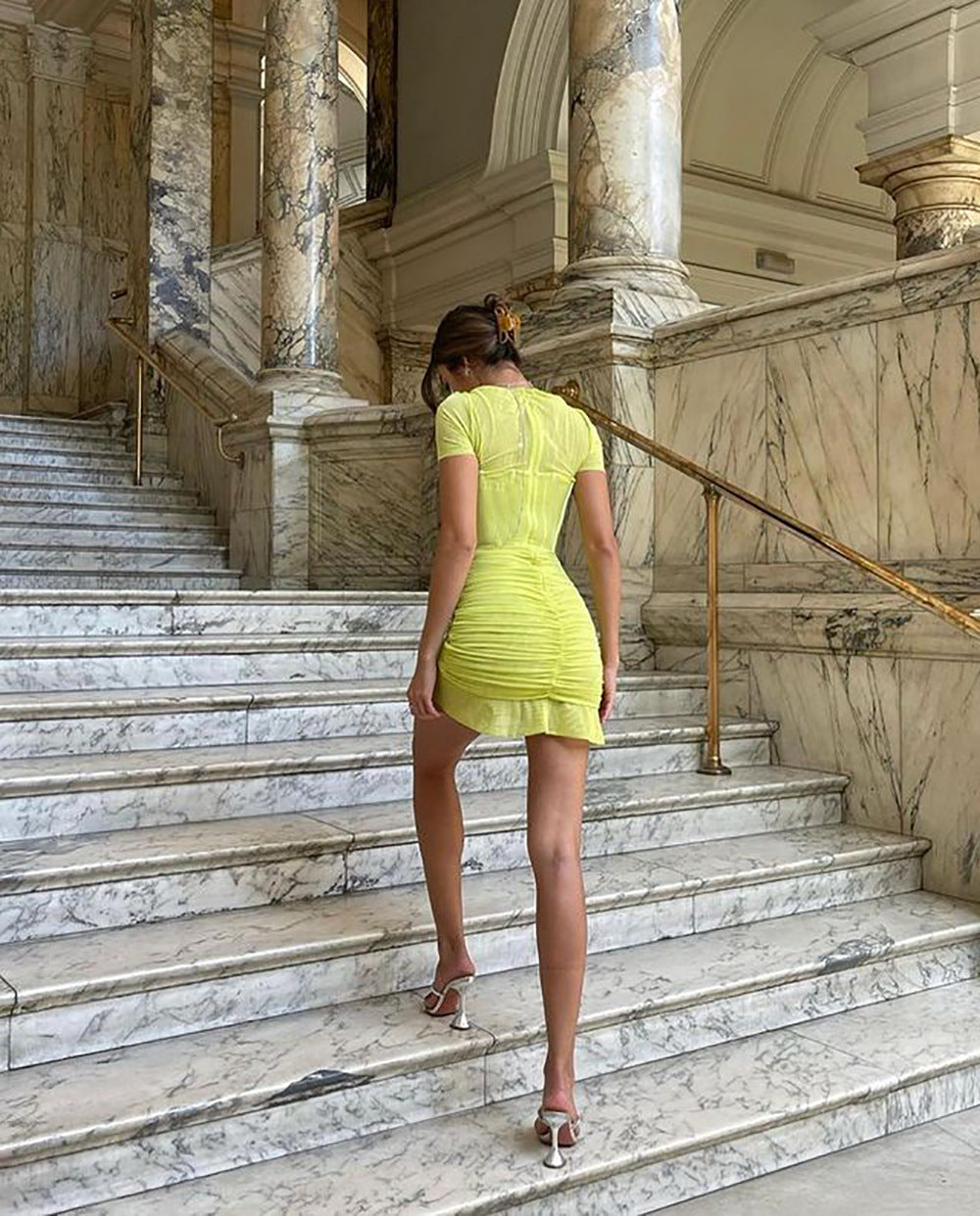 Women's Mesh Cutout Short Sleeve Pleated Slim Bodycon Tight Fitting Dress Summer 6