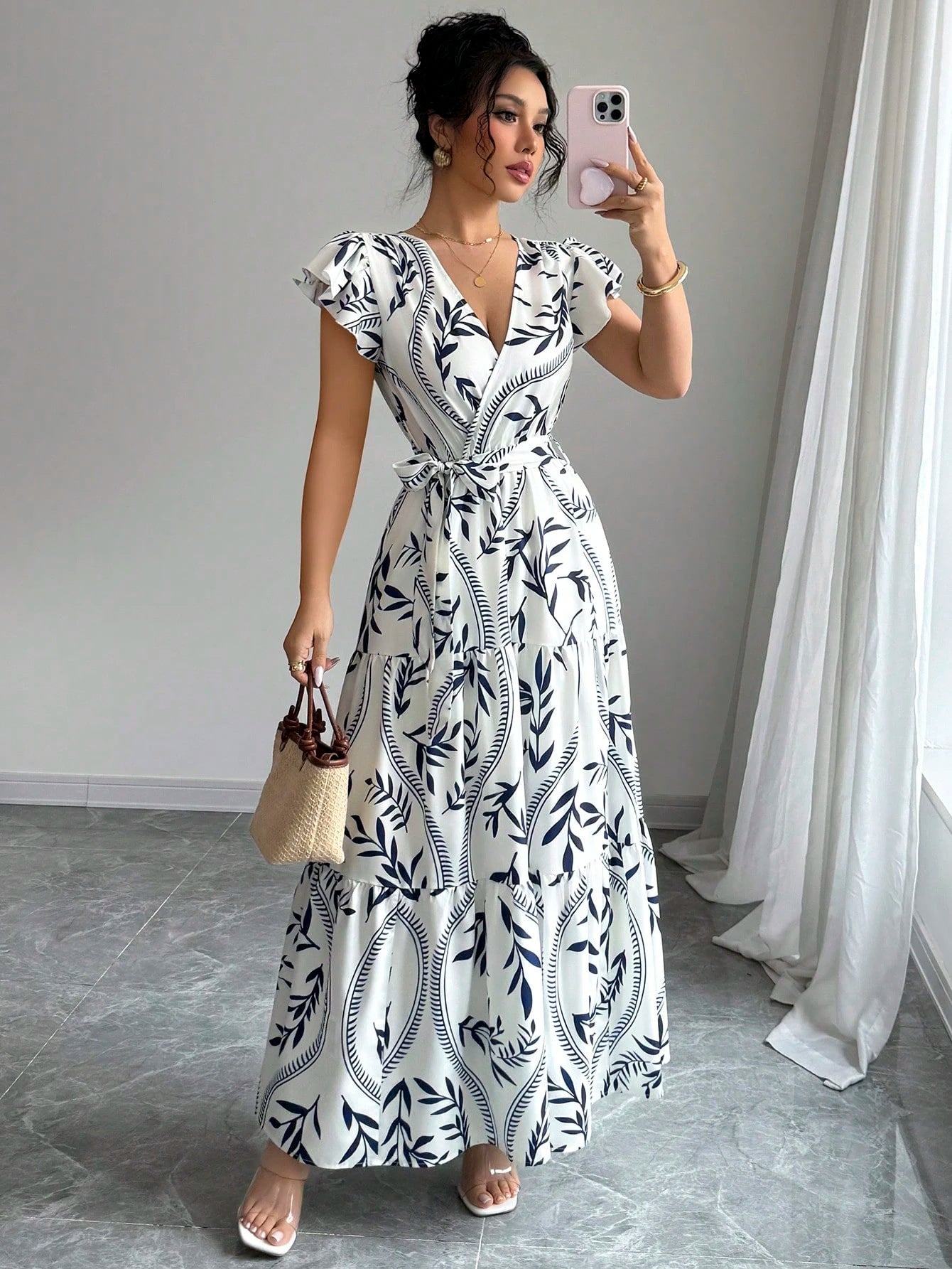 Women Spring/Summer Printed Ruffle V-Neck Sexy Maxi Dress 5