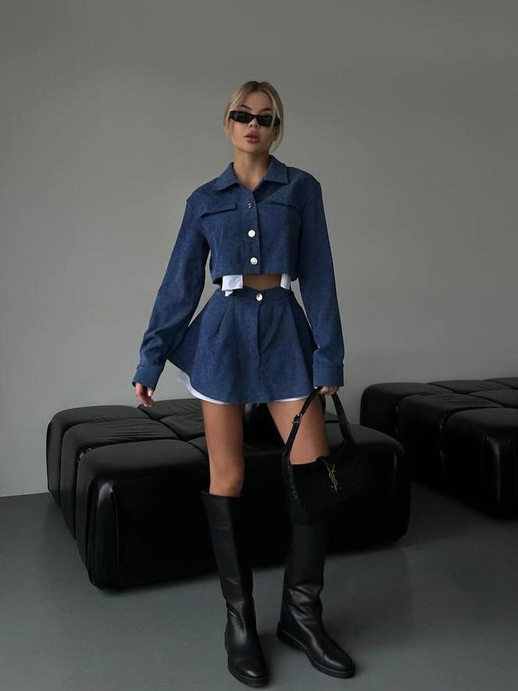 Women Sexy Crop Jacket Cargo Skirt Two-piece Set 3