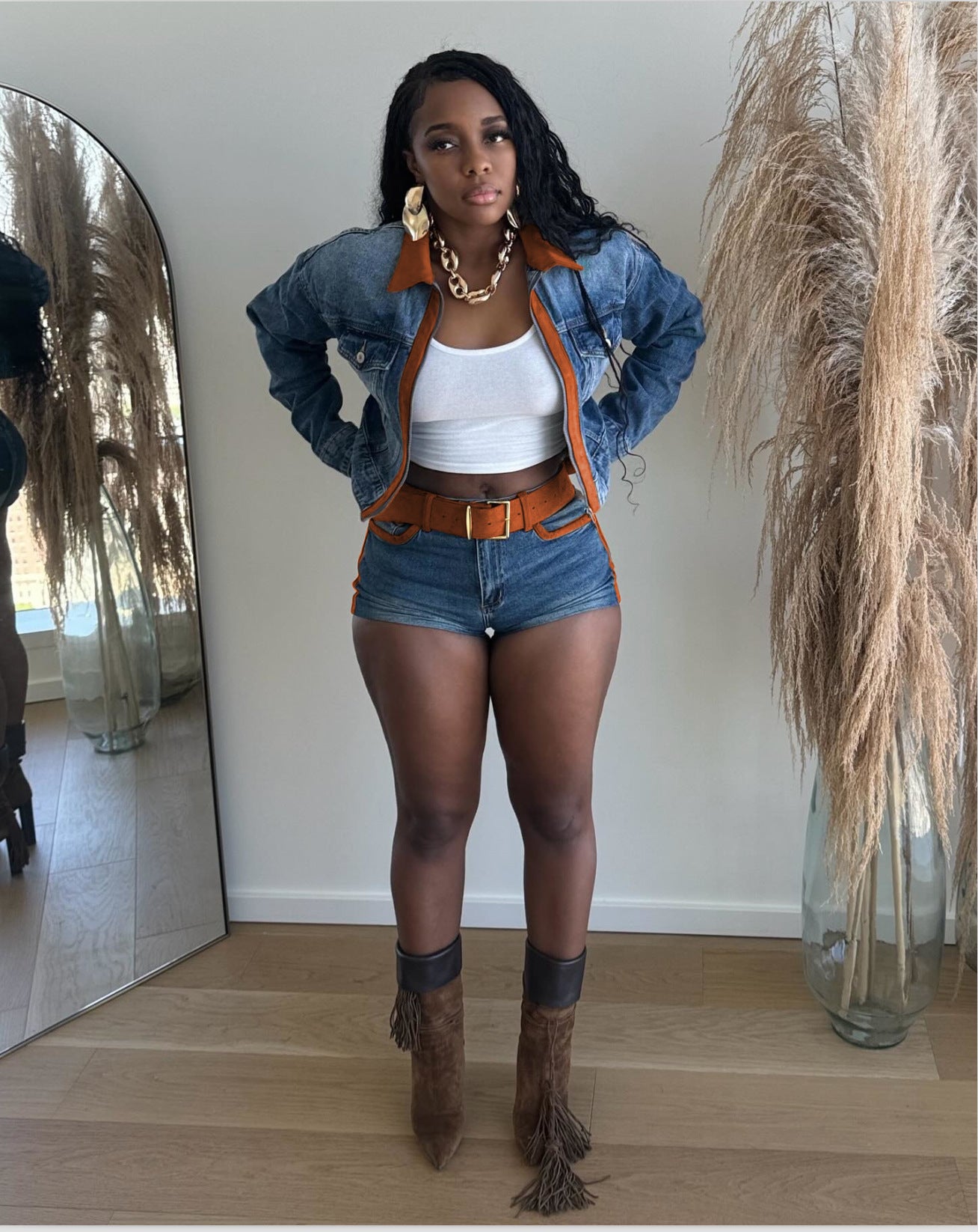 Color Block Patchwork Long Sleeve Stretch Denim Shorts Set 4