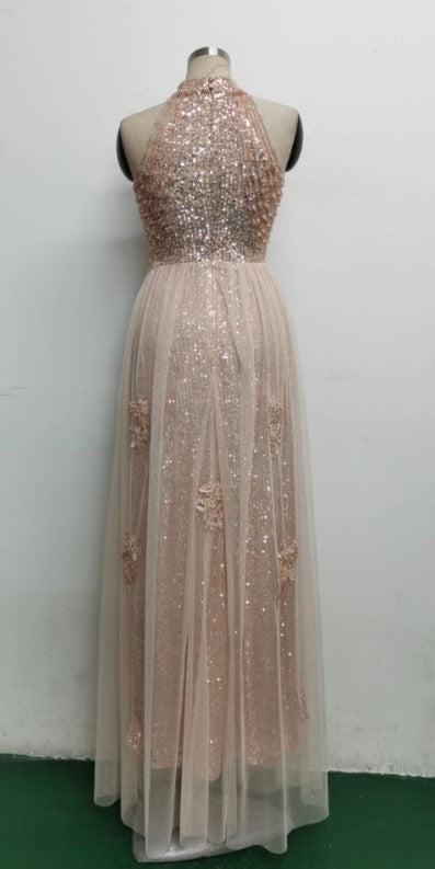 Summer Occassional Gold Sequin Mesh Patch Halter Evening Dress 10
