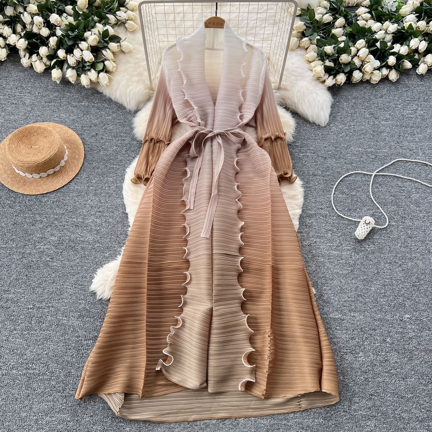 Women Lace-Up Ruffle Edge Pleated Dress 16