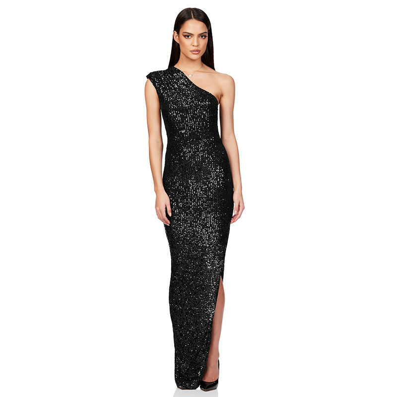 Women's One-Shoulder Sleeveless Sequined Slit Evening Party Dress 21