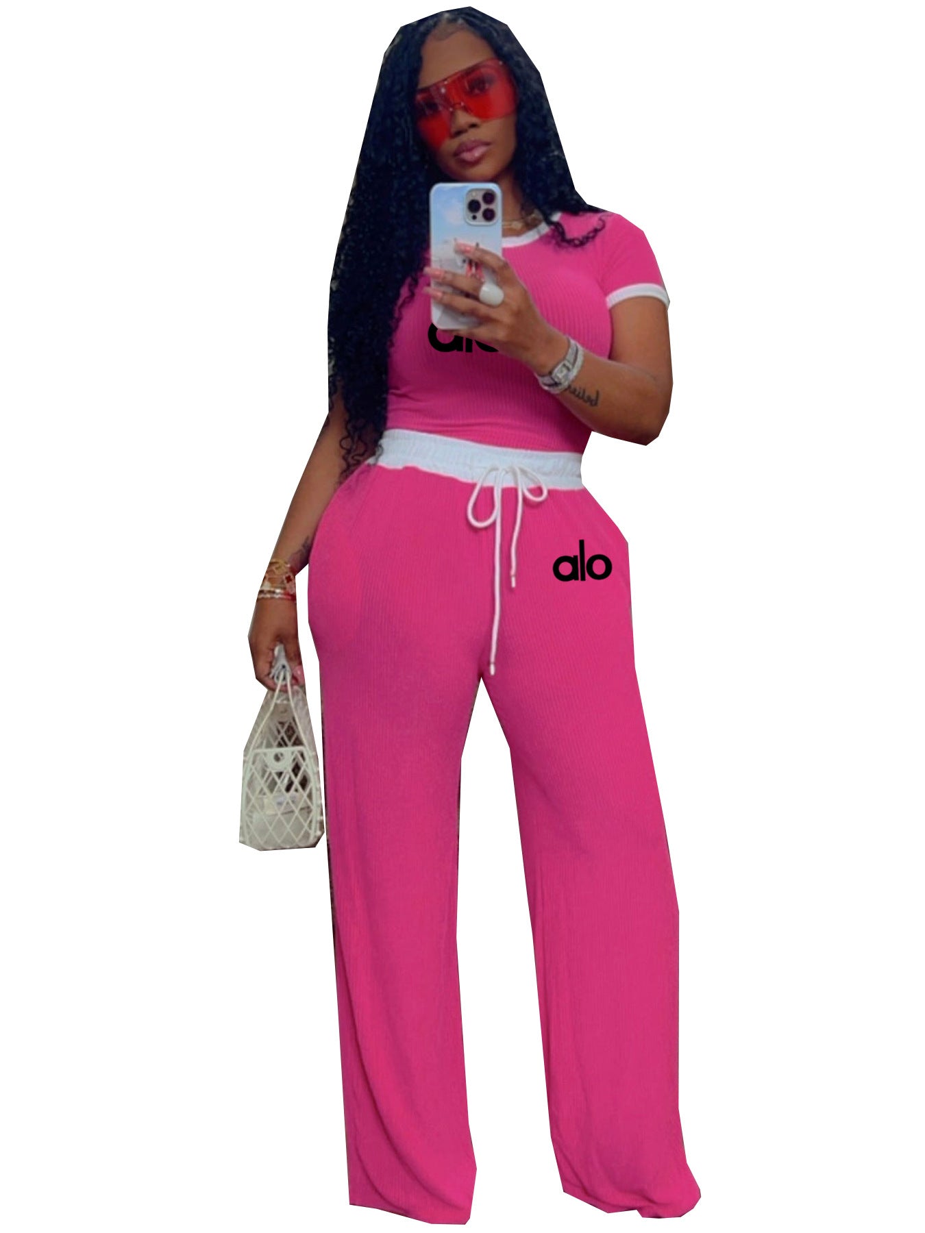 Women's Casual Street Rib Contrast Round Neck Short-Sleeve Two-Piece Pants Set 13