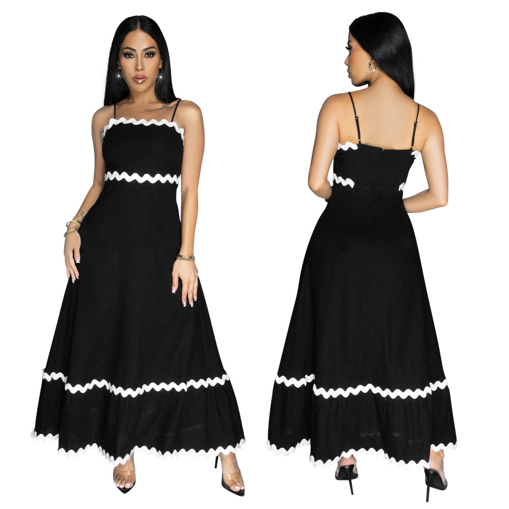 Women Strap Solid Wave Ribbon Patchwork Solid Strap Dress 4