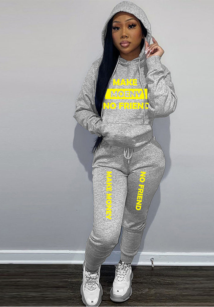 Women Casual Printed Sports Plush Hoodies and Pant Two-piece Set