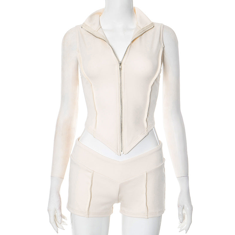 Spring Summer Women's Zipper Turndown Collar Sleeveless Crop Top High Waist Tight Shorts Two Piece Set 8