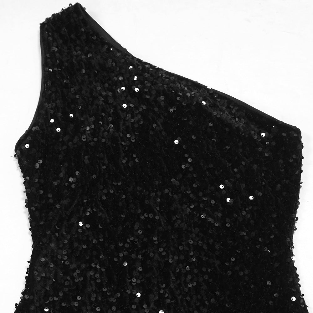 Fashion Slash Shoulder Feather Sequin Slit Club Dress 16
