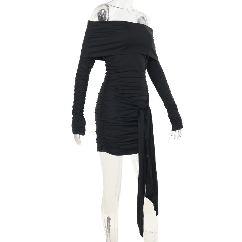 Off-Shoulder Long Sleeve Lace-Up Bodycon Dress Autumn Mini Dress 8