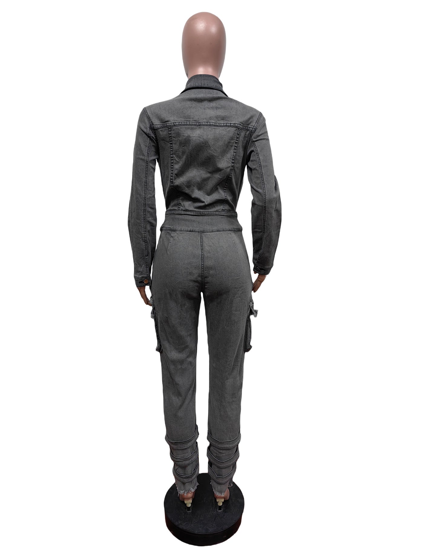 Women Tie Stretch Belt Denim Jumpsuit 8