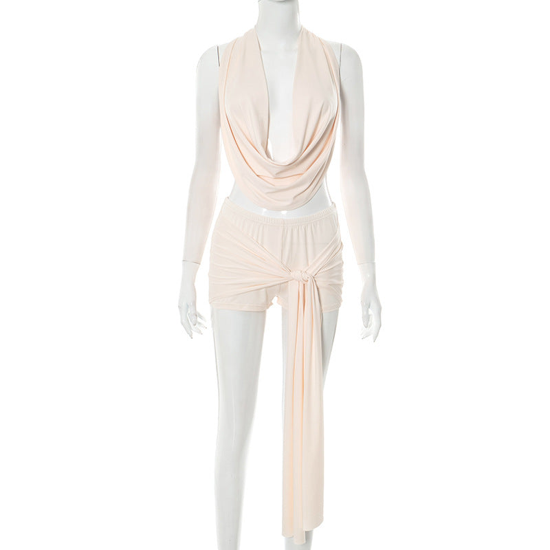 Women slouch Halter Neck sleeveless Backless Top and shorts two-piece suit 8