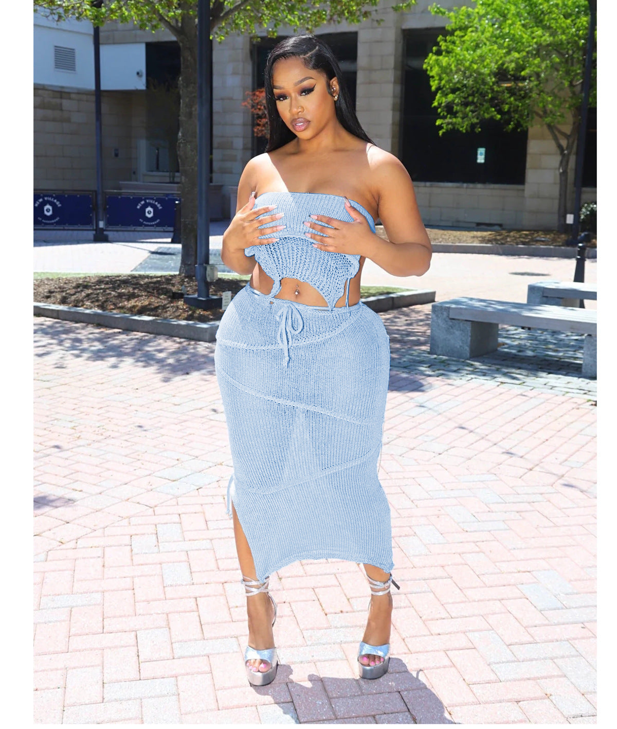 Women Sexy Wrap Backless Backless Crop Top and Skirt Two-Piece Set 4