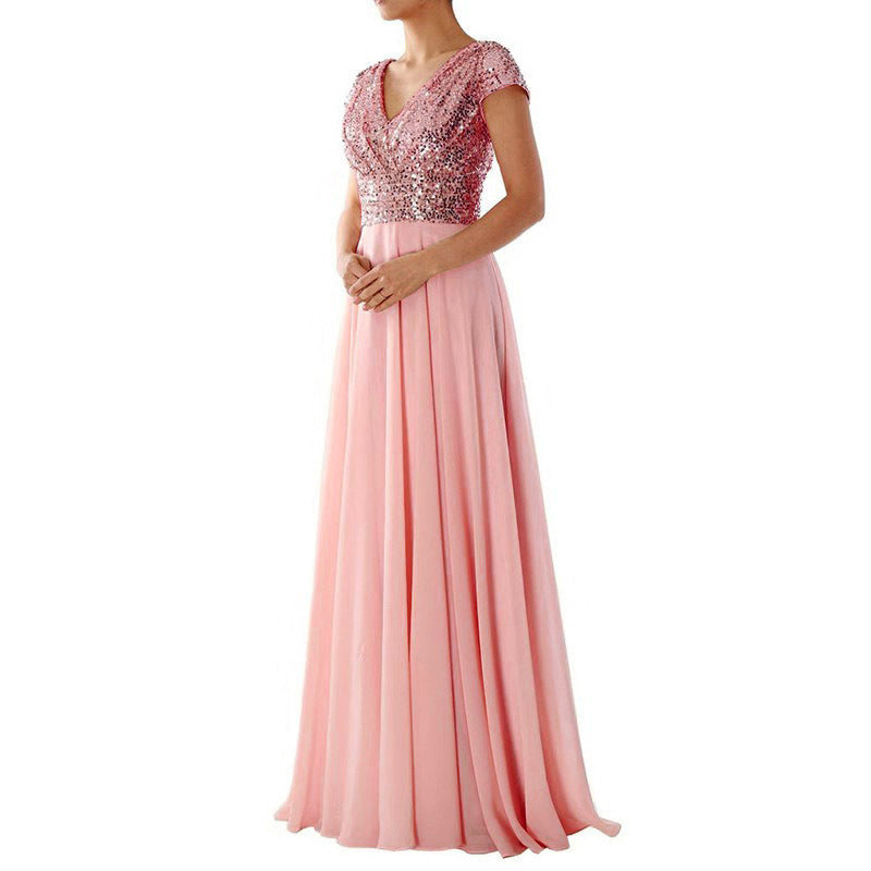 Women Summer V Neck Sequined Chiffon Patchwork Evening Dress 5