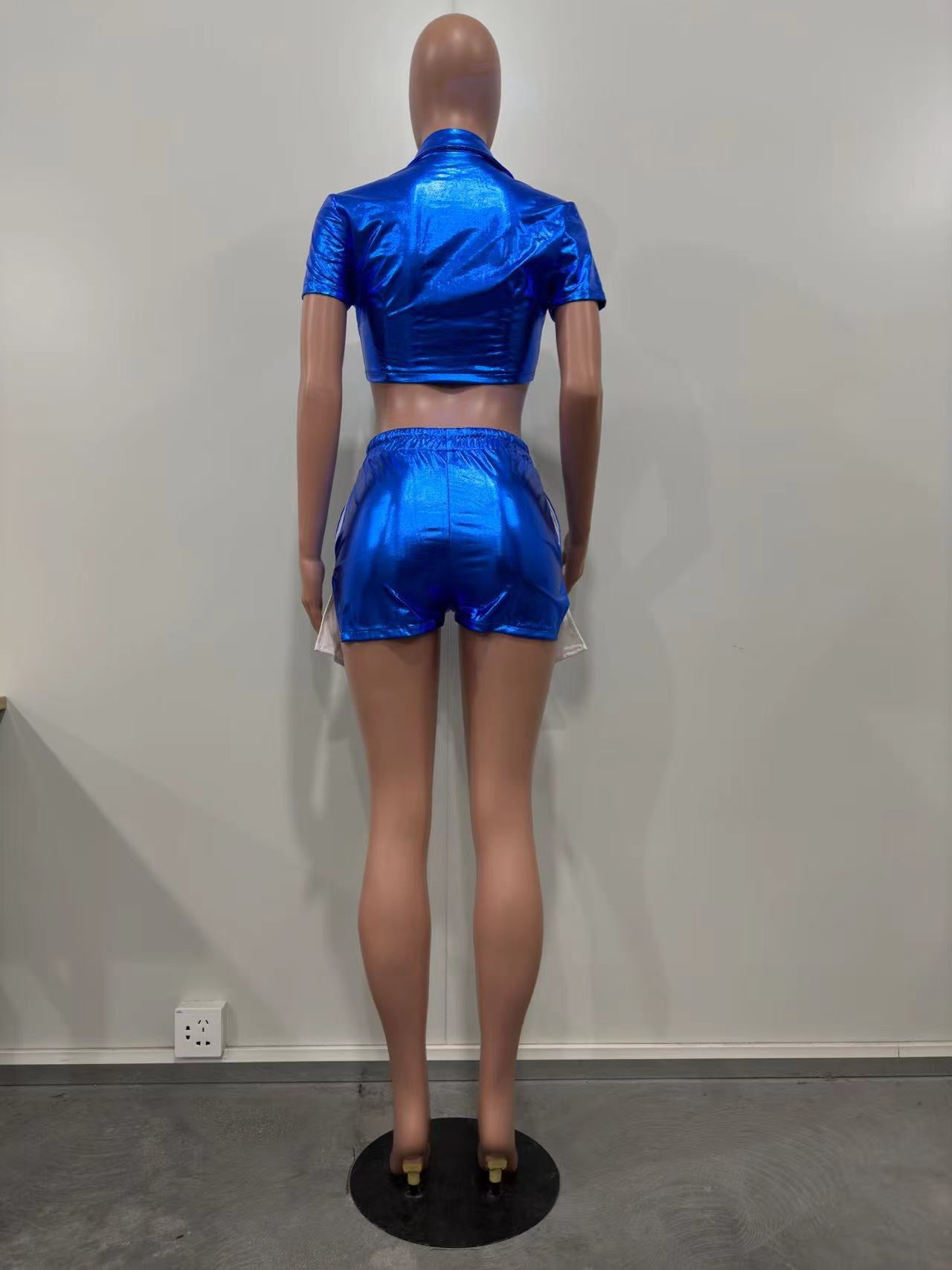 Women's Deep Pocket Slit Pu Leather Short Front Short Back Long Shorts Two-Piece Set 39