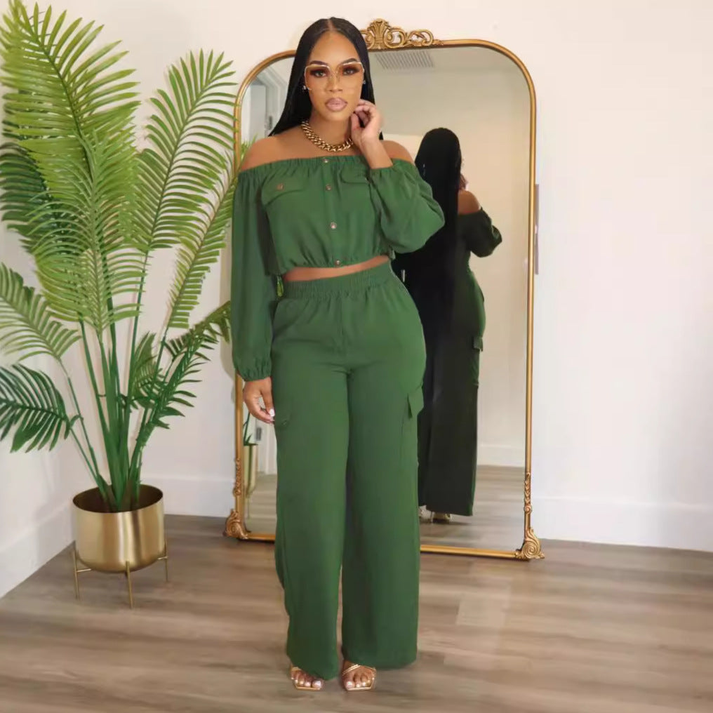 Women Solid Sexy Off Shoulder Long-sleeved Top and Wide-leg Pants Two-piece Set 7