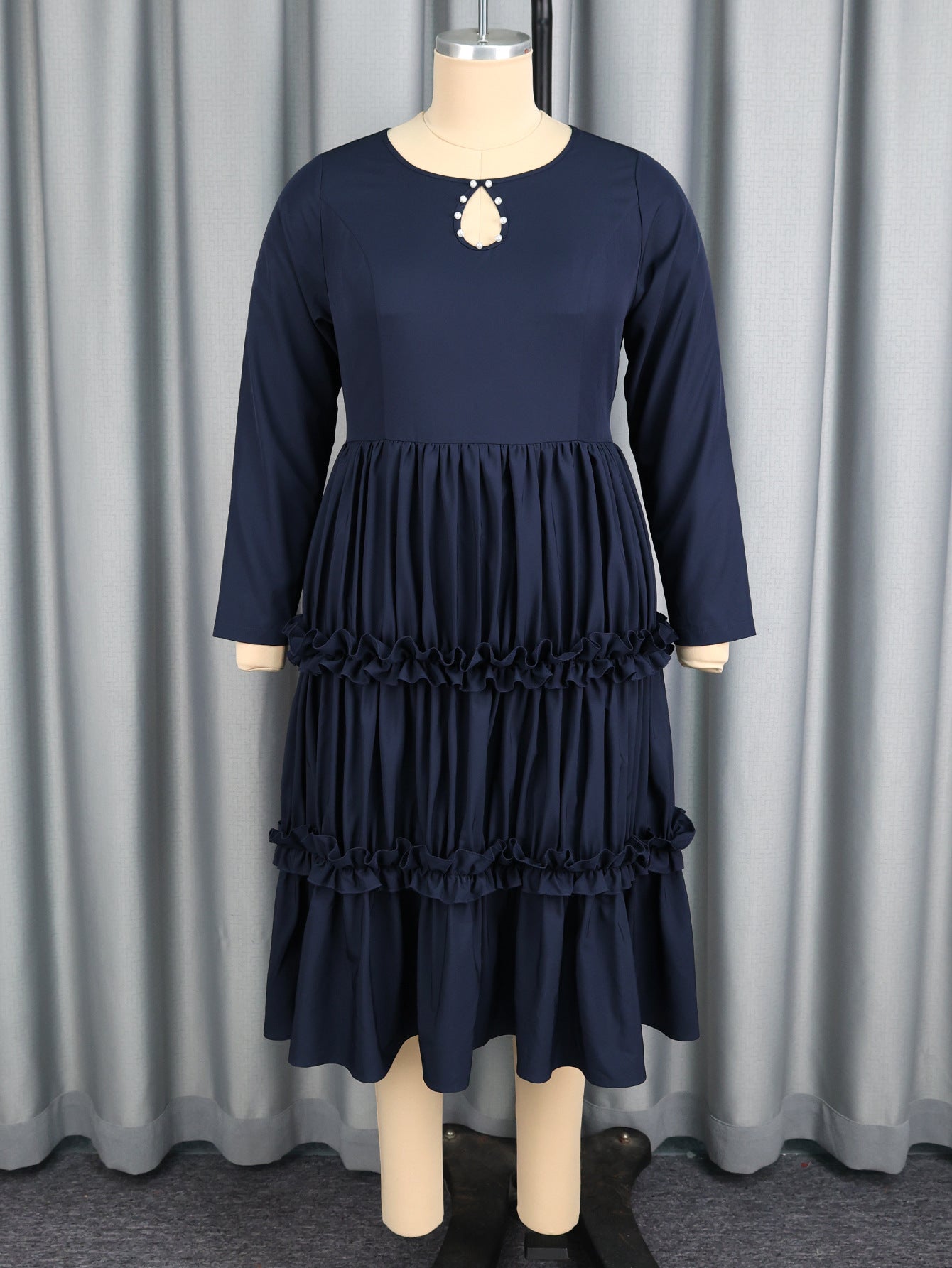 Plus Size Women's Autumn Round Neck Cut-Out Knitting Long Sleeve Gathers A-Line Dress 7