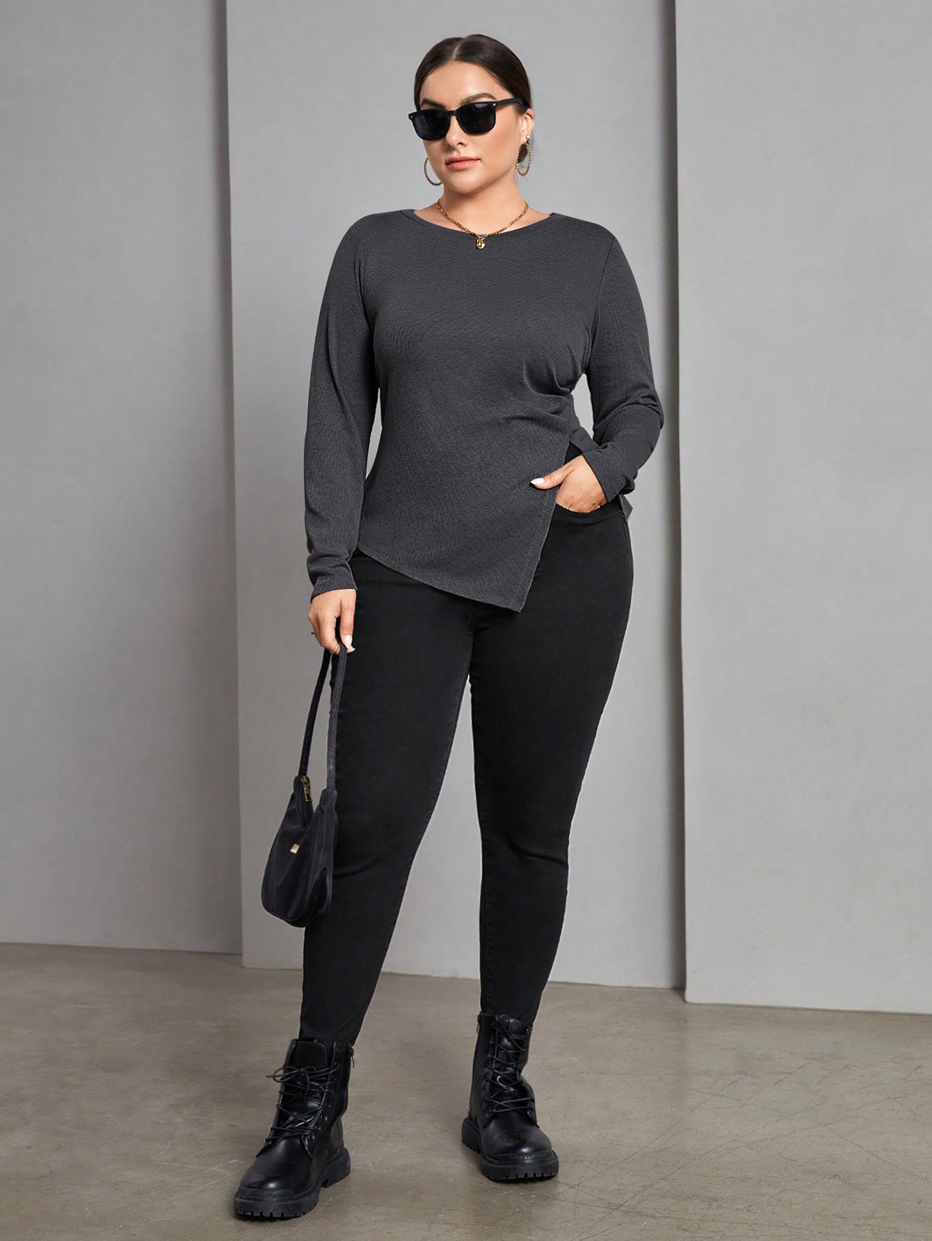 Plus Size Women's Autumn And Winter Long Sleeve T-Shirt Irregular Slit Versatile Basic Slim Top 5