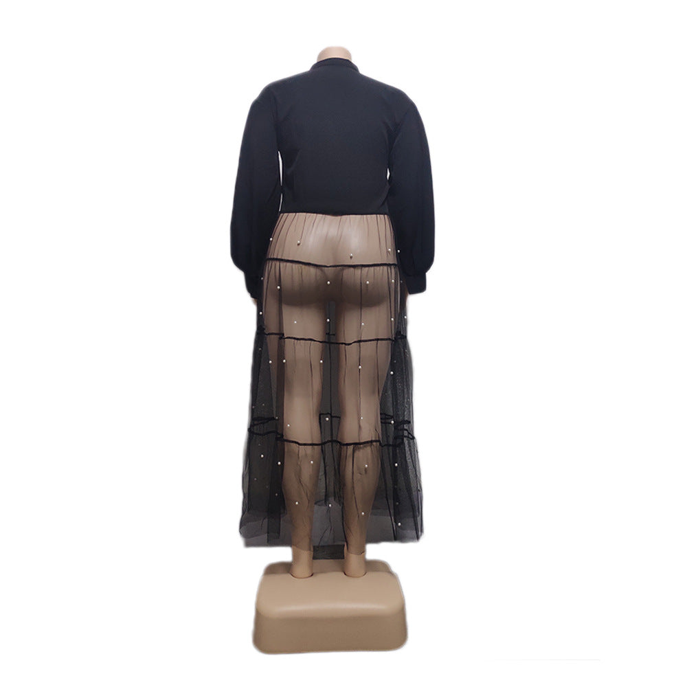 Plus Size Women's Black Pearl Mesh Patchwork Dress 10
