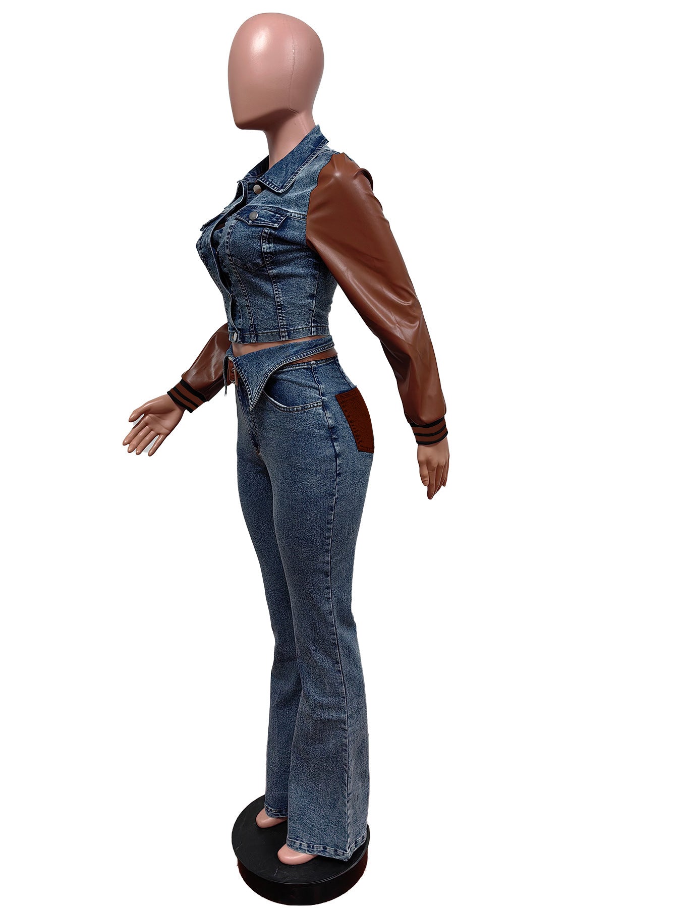 Leather Denim Patchwork Jacket Trousers Women's Two Piece Set 6