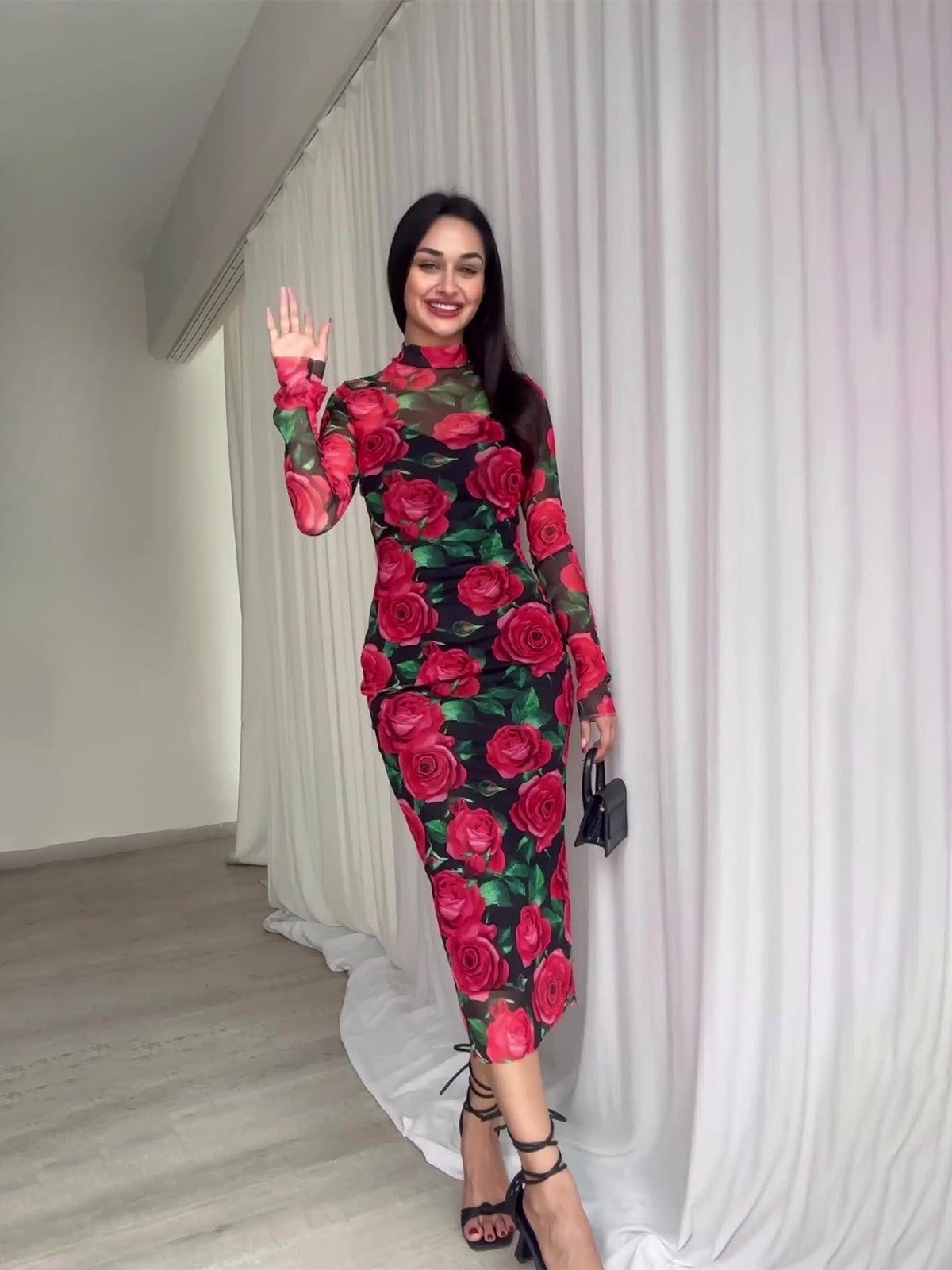 Spring Floral Print Long Sleeve Midi Dress 7