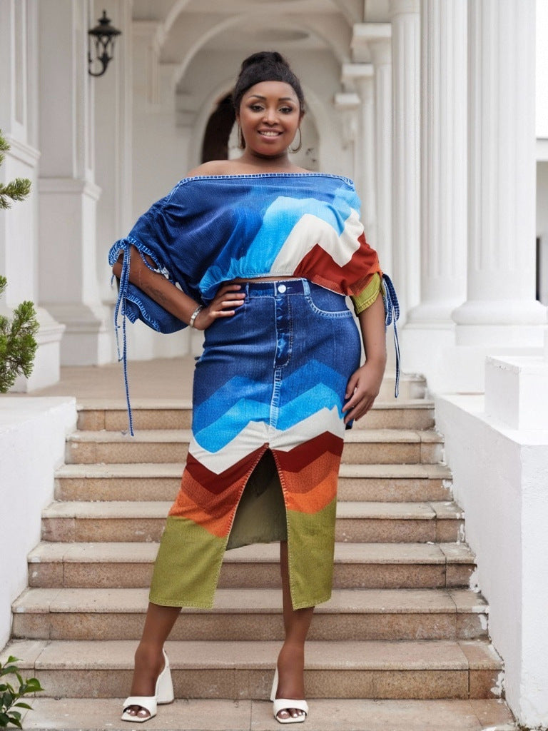 Plus Size Off Shoulder Printed Bat Sleeves Top Split Long Skirt Two Piece Set 3