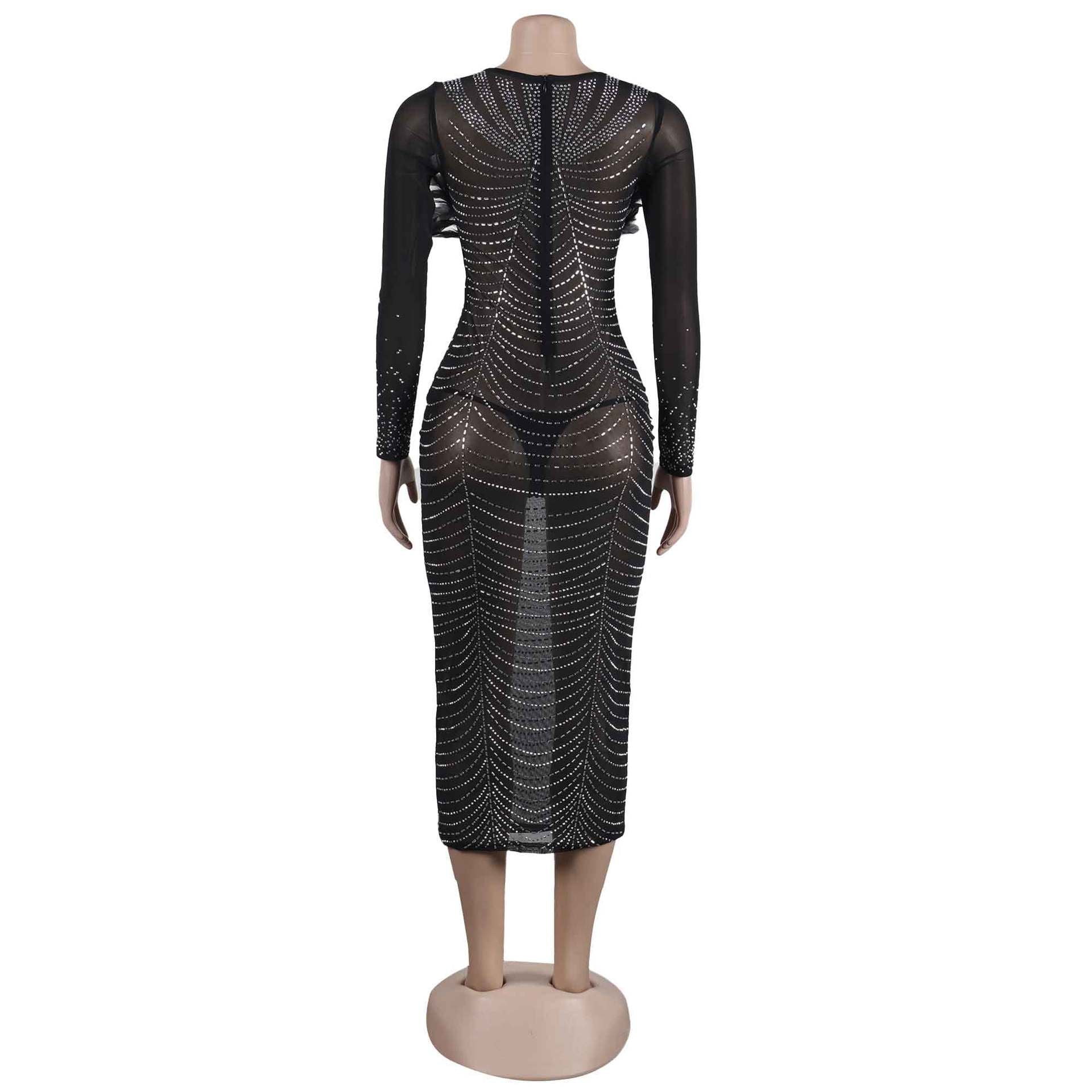 Sexy Feather Beaded See-Through Long Sleeve Patchwork Bodycon Dress 8