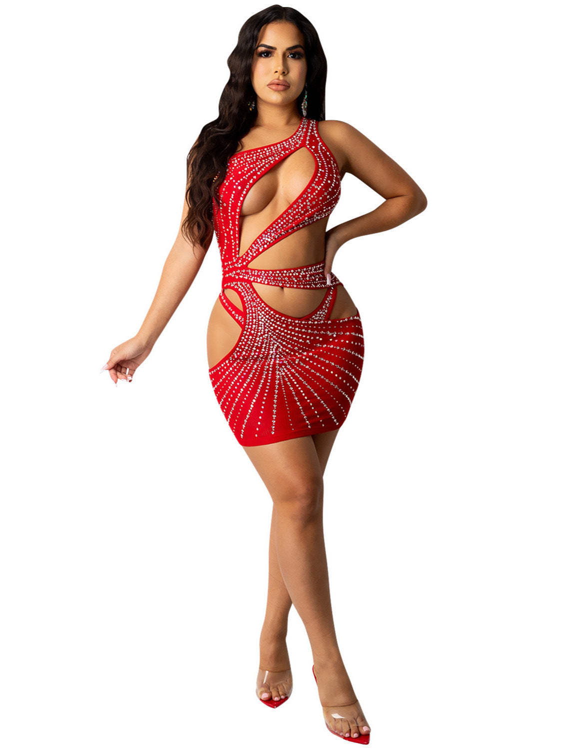 Women Solid Beaded one-shoulder hollow sexy dress 5