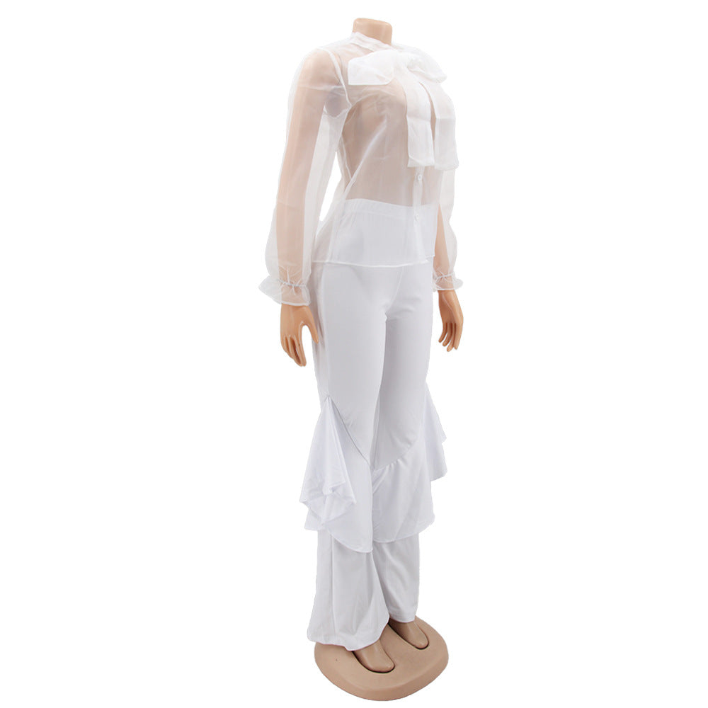 Sexy Mesh Tops Bell Bottom Pants Women's Casual Two Piece Set 13