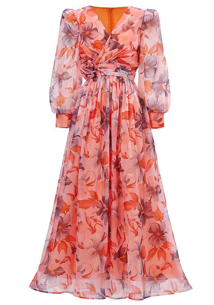 Women long-sleeved V-neck pleated Formal Party mesh dress