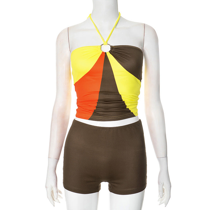 Spring Summer Women's Ring Halter Neck Multi-Color Low Back Vest Bodycon Holiday Shorts Two Piece Set 8