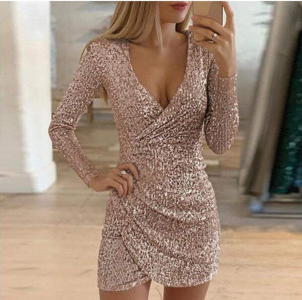 Autumn Sexy V-Neck Sequin Bodycon Dress