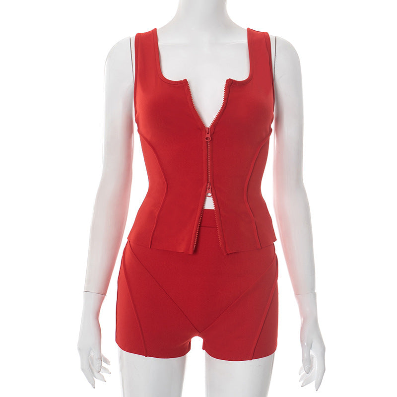 Women Sleeveless Zipper Vest Top and Shorts Two-piece Set 8