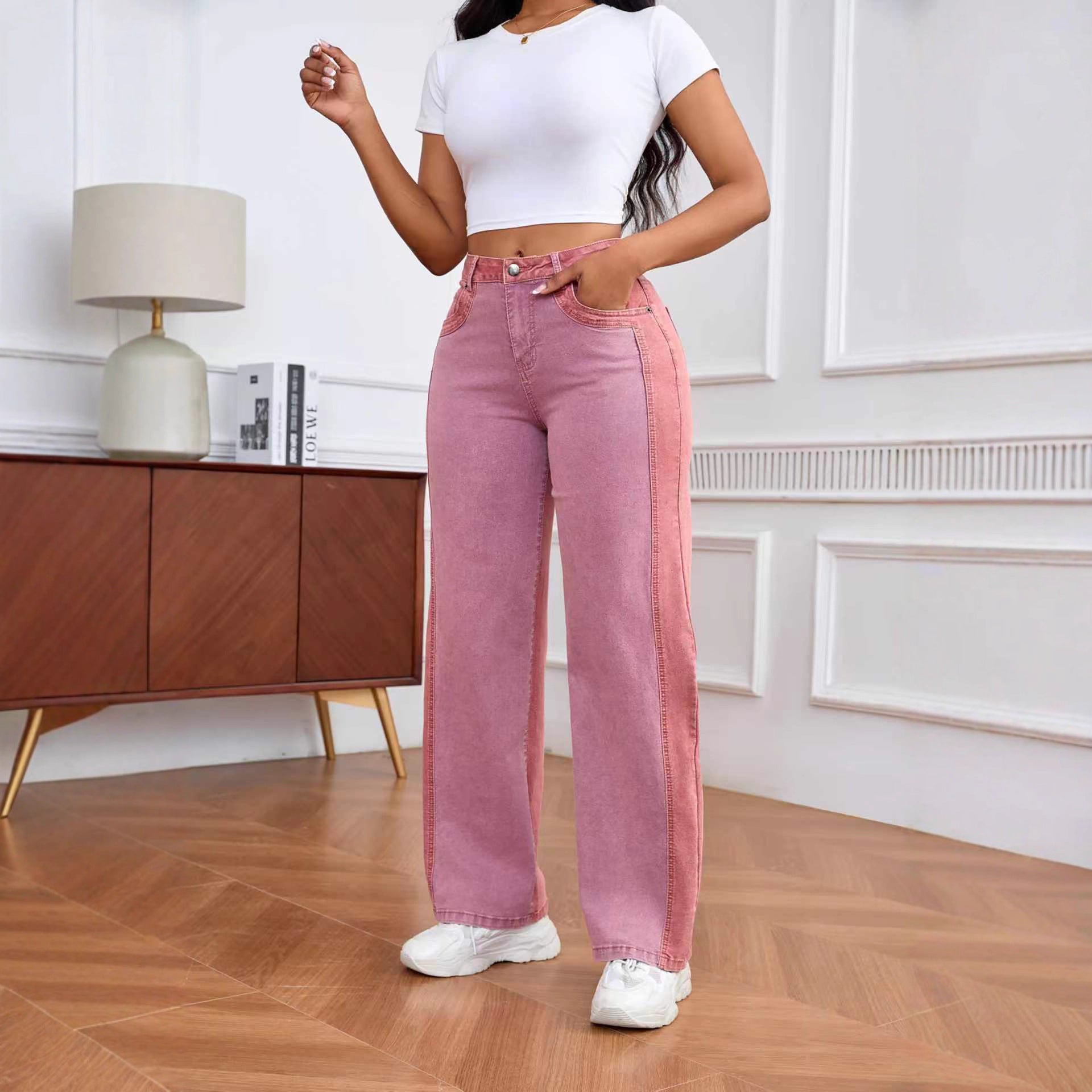 Women Patchwork Wide-Leg Denim Pants, Fall American Style Contrast Color Pants 6