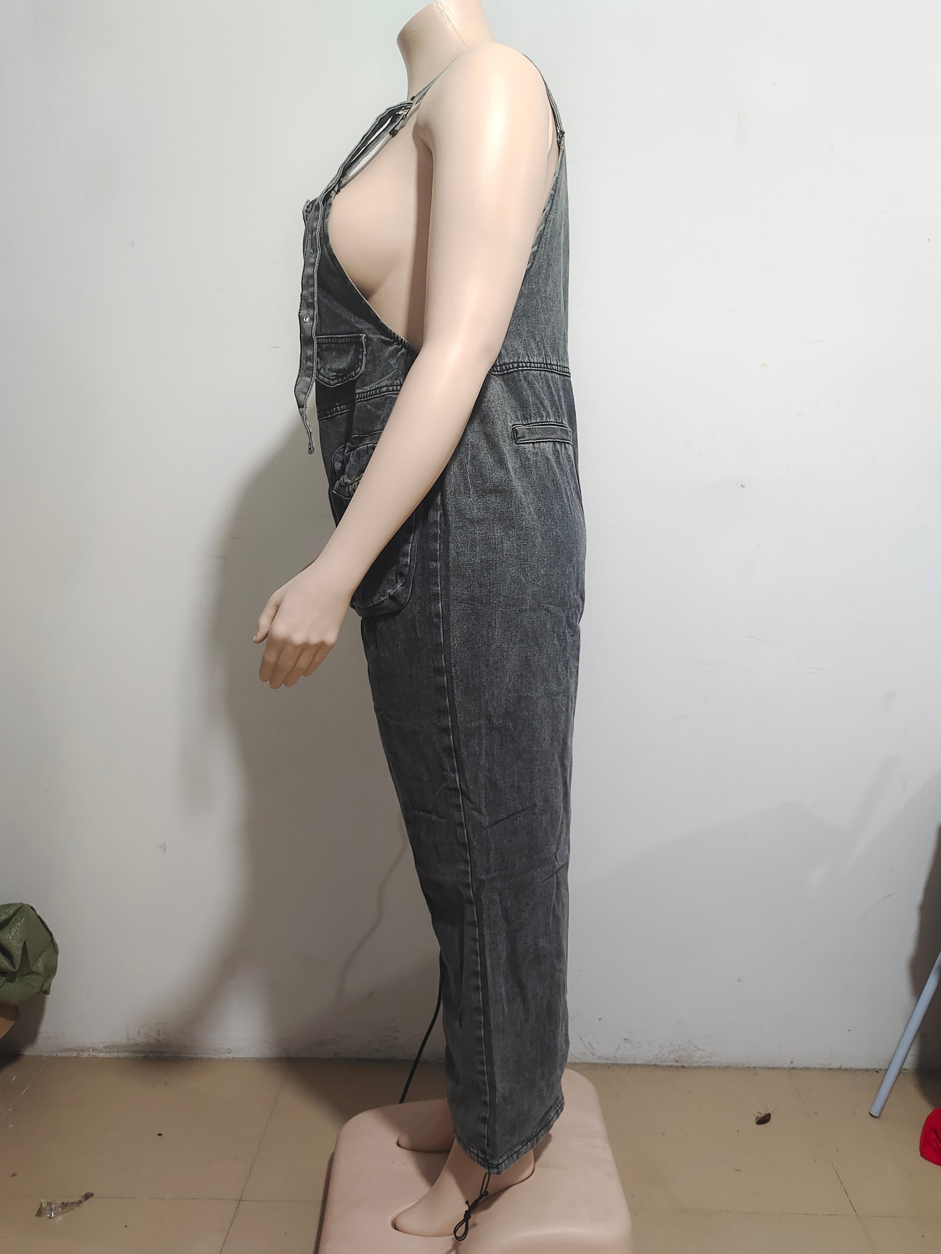 Women's Style Street Pocket Wide Leg Pants Loose Straps Denim Pants 8