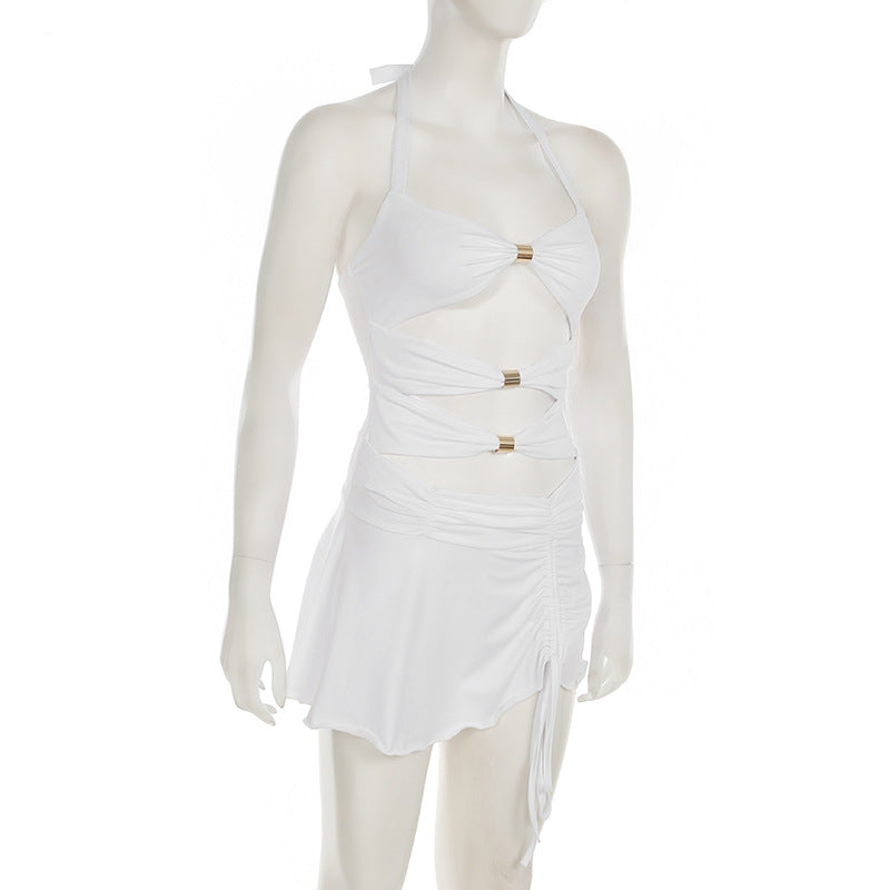 Summer sexy women Holidays metal Patchwork hollow Halter Neck slim short dress 7