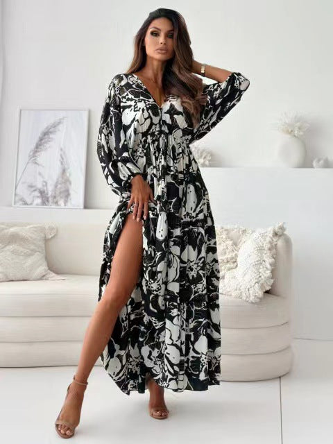 Women Autumn Long Sleeve Sexy V Neck Print Slit Dress 5