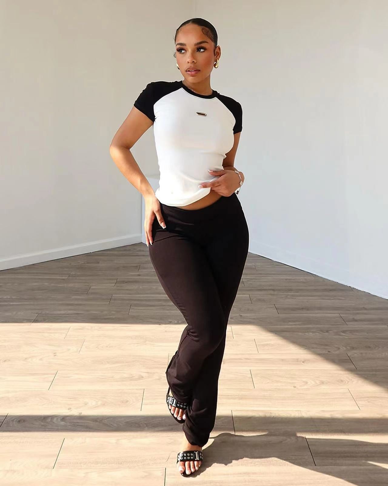 Women's Spring Summer Color Matching Sports Dance Fitness Yoga Short-Sleeved Two-Piece Pants Set