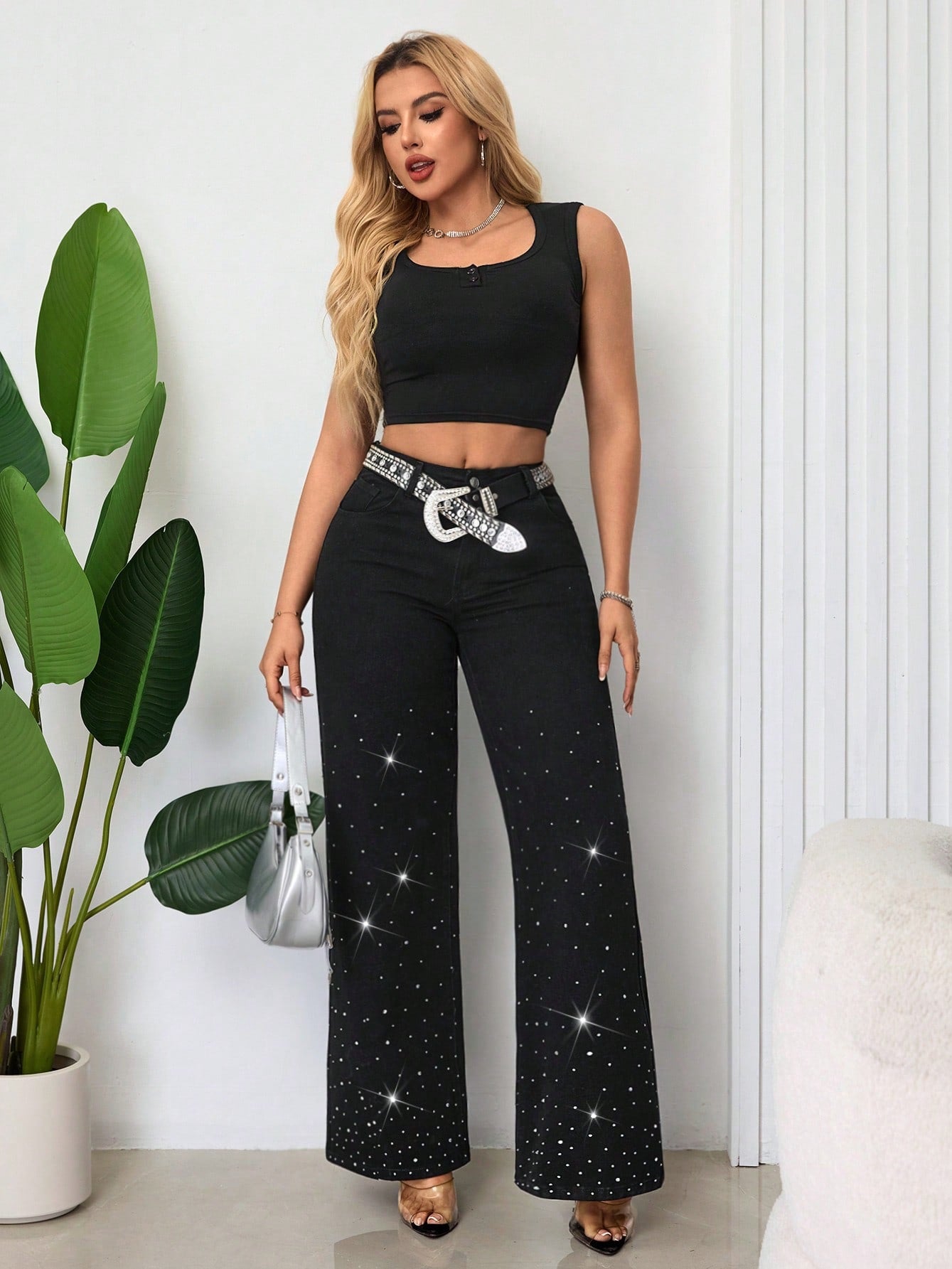 Beaded Women Street Loose Wide Leg Trend Denim Pants 5