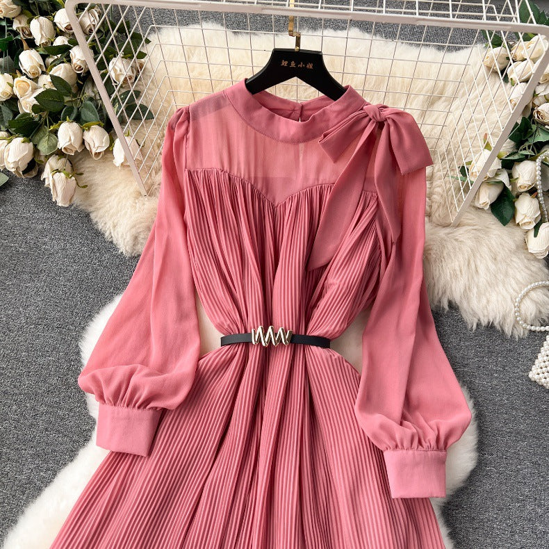 Spring Women's Bow Pleated Chiffon Puff Sleeve Long Dress 30